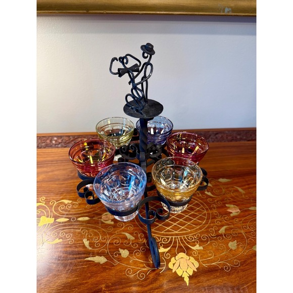 The Unbranded Brand Other - Vintage Cordial Glass Set • Dancing Couple Bar Caddy with 6 Colorful Glasses
